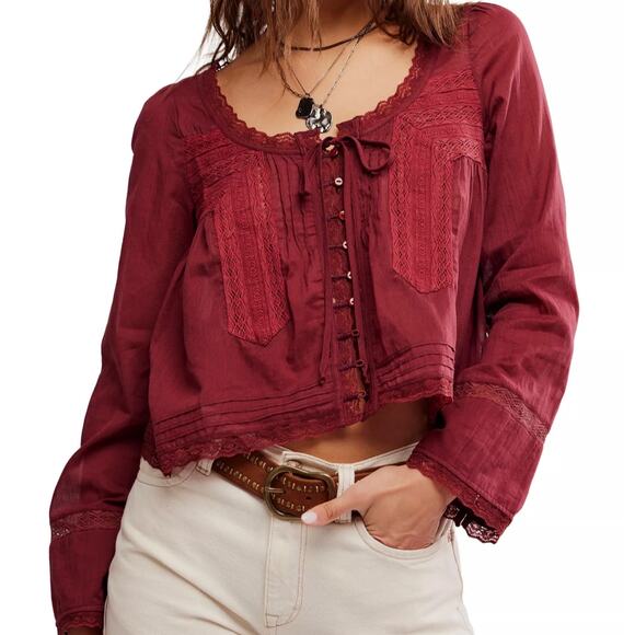 Free People Tops - NWOT Free People Forevermore Long Sleeve Button Tie Top in Syrah Red